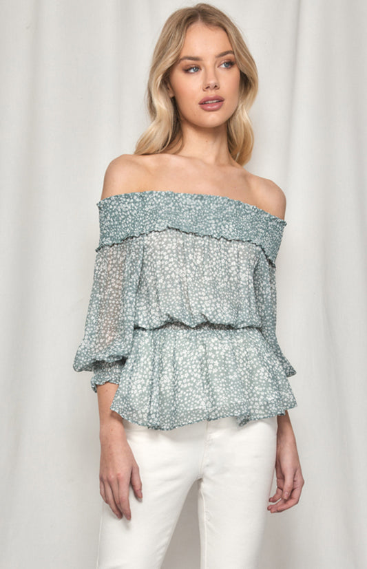 Printed Off the Shoulder Top with Shirred Details
