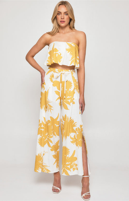 Printed Set with Strapless Top and Split Detail Pants