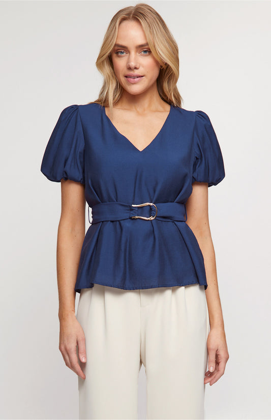Textured Bubble Sleeve Top with Metal Detail Belt